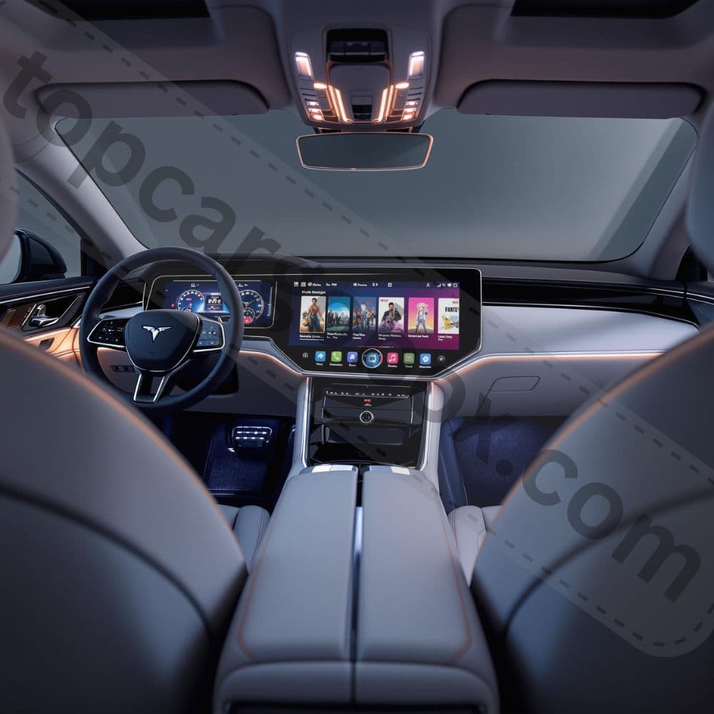 "Car dashboard display showing wireless Apple CarPlay in action, with Maps and Music apps visible."