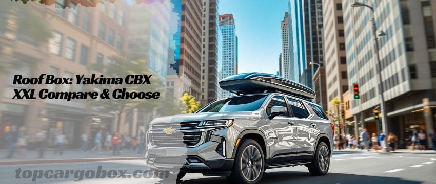 "Yakima SkyBox NX Skinny installed on a sedan, highlighting space-saving 26.5-inch width for bikes or kayaks alongside."