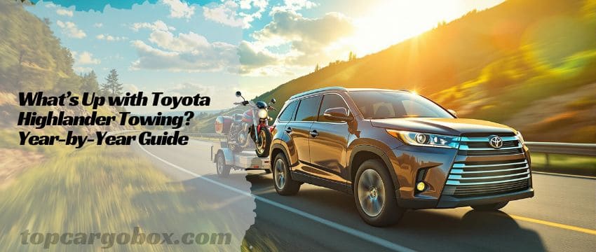 A rugged Toyota Highlander towing a large camper trailer, demonstrating real-world towing capability.