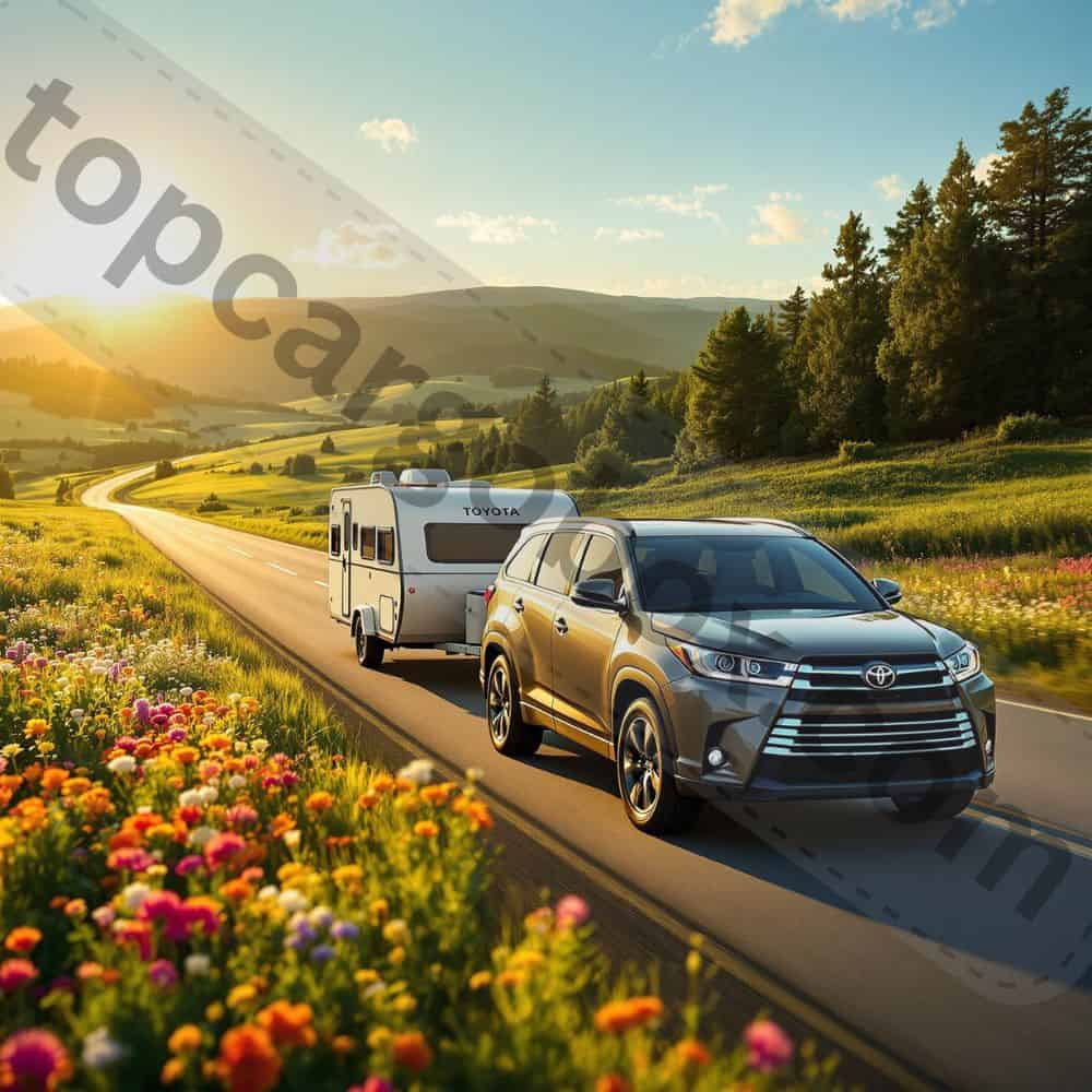 A detailed infographic showing Toyota Highlander towing capacities by year, highlighting key engine and hitch requirements.