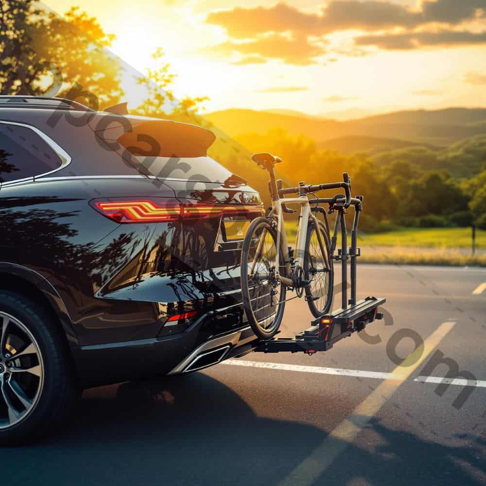 A sleek hitch-mounted bike rack carrying two mountain bikes on the back of an SUV, demonstrating minimal wind resistance.