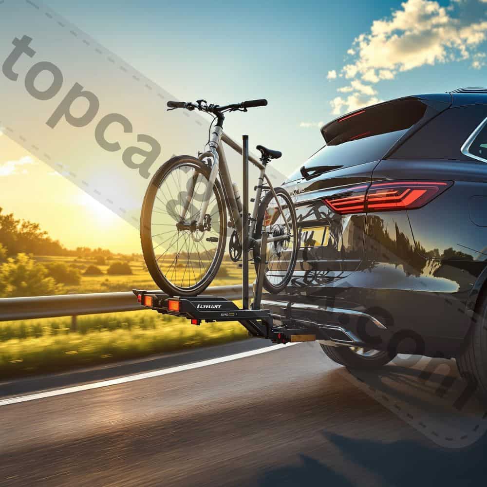 A roof bike rack with bikes mounted upright, creating significant drag and reducing fuel efficiency at highway speeds.