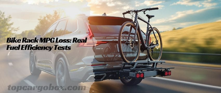 A highway speedometer at 65 mph vs. 75 mph, showing how slower speeds improve MPG with a bike rack.