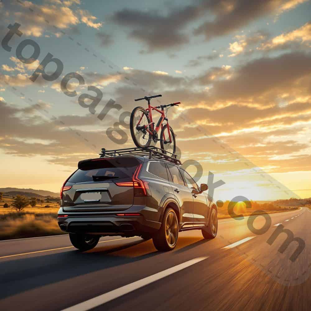 A silver SUV with a hitch-mounted bike rack carrying two mountain bikes on an open road, showcasing stable transport.
