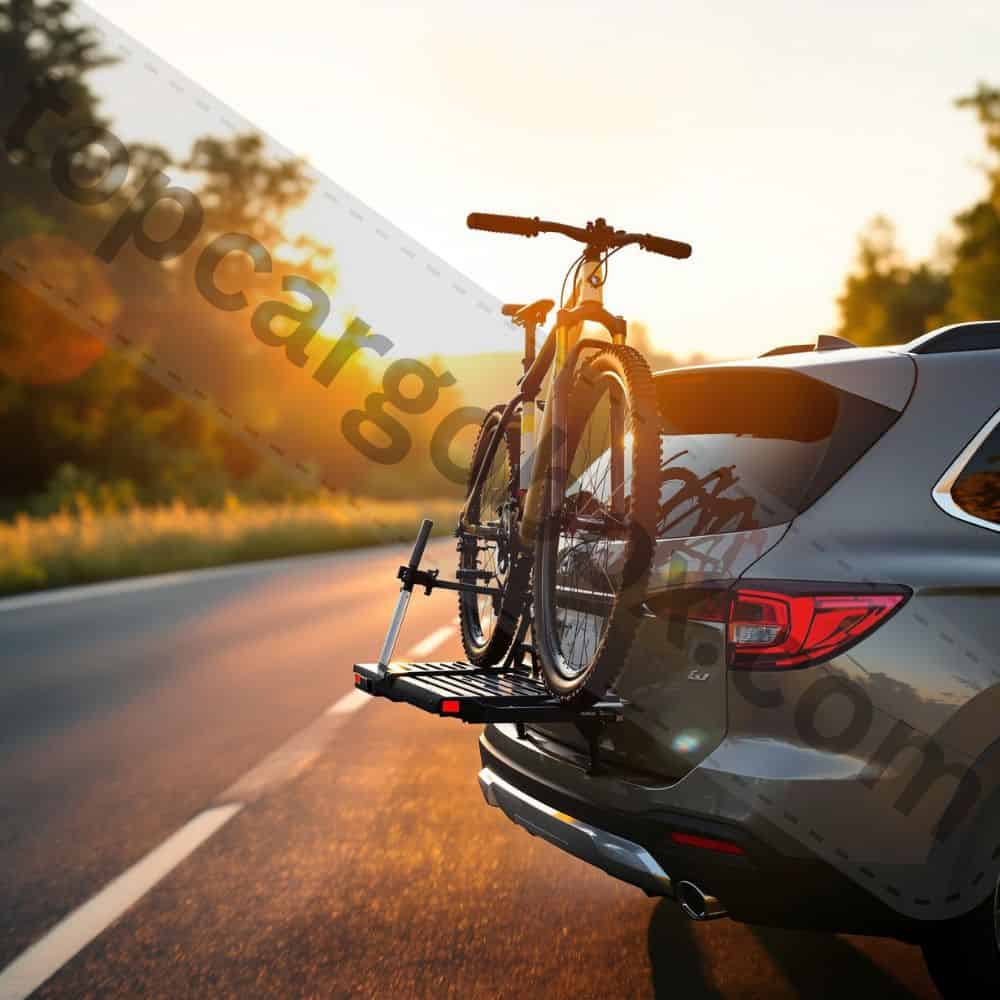 Close-up of a trunk-mounted bike rack with straps securing three bikes to a sedan’s rear, highlighting affordability and space-saving design.