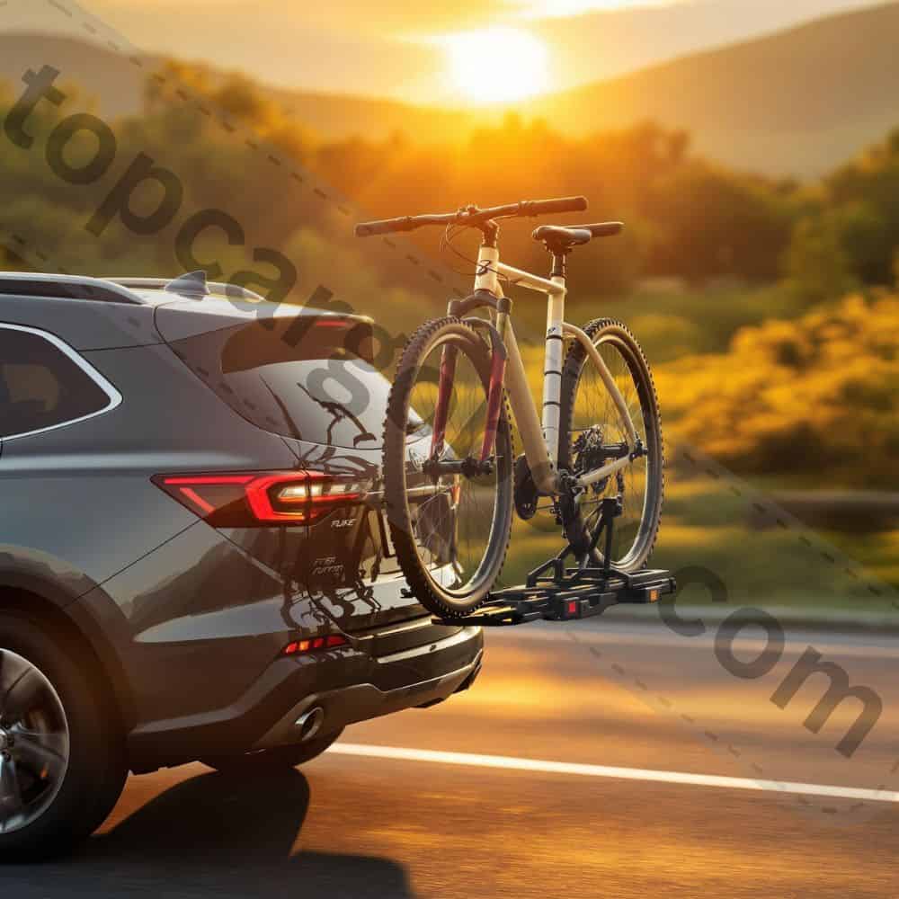An SUV with a tilted hitch rack allowing trunk access while bikes remain securely attached.