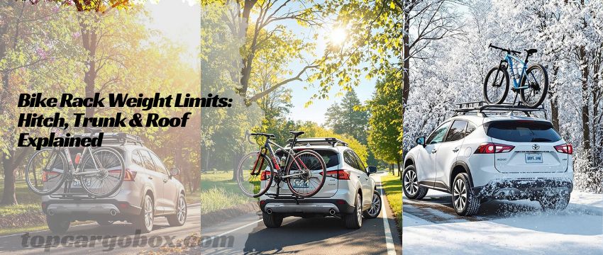 Infographic breaking down hitch, trunk, and roof rack weight limits with icons for quick visual reference.