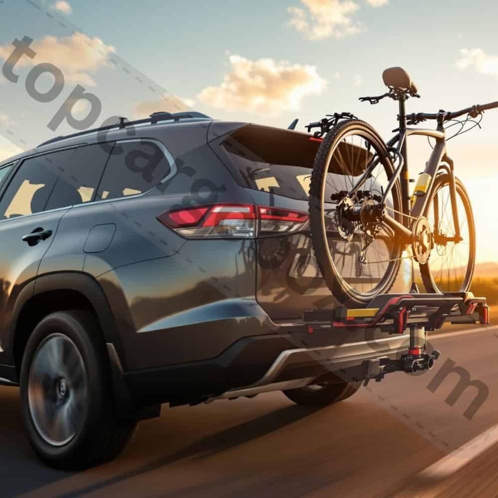 "Demonstration of the HitchSwitch lever tilting the loaded bike rack downward, allowing easy access to the vehicle’s trunk or hatch."