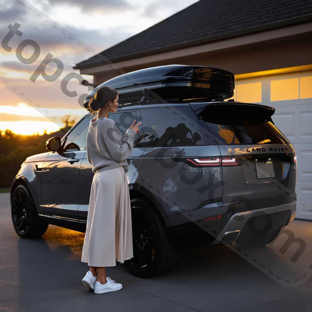 "A sleek black roof cargo box mounted securely on top of a packed SUV, creating extra storage space."