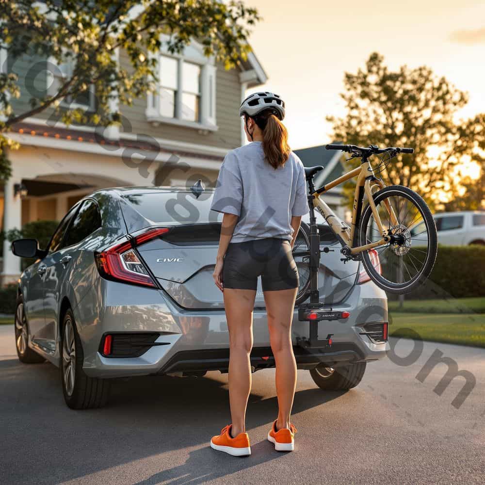 "Illustration demonstrating proper bike loading technique on a platform-style rack with wheel trays."