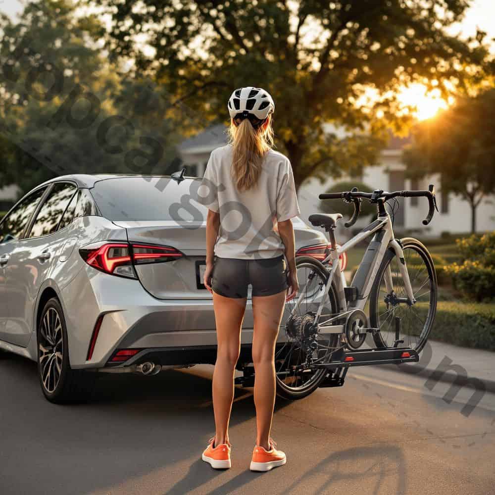 "Properly installed trunk-mounted bike rack with even strap tension and full padding coverage."