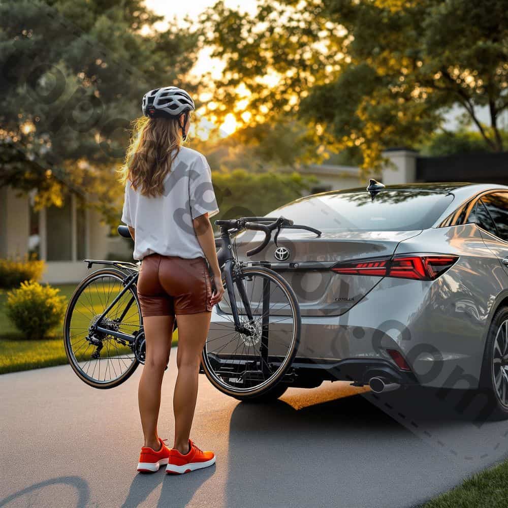 A person effortlessly lifting a lightweight bike rack with one hand, showing its portability.
