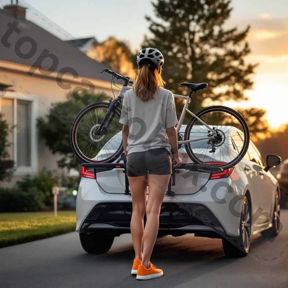 A trunk-mounted bike rack securely holds two bicycles on the back of a sedan using padded straps and hooks.
