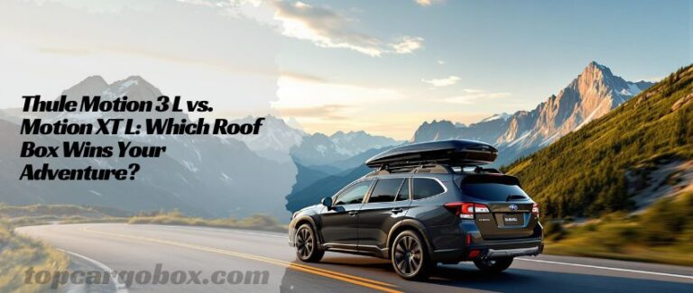 A fully loaded Thule Motion 3 L with skis and gear inside, illustrating its 16 cu ft capacity and organized storage.