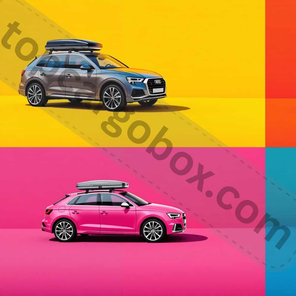 A sleek black Thule Motion XT roof box mounted on an Audi Q5, showcasing its aerodynamic shape blending seamlessly with the SUV's roofline.