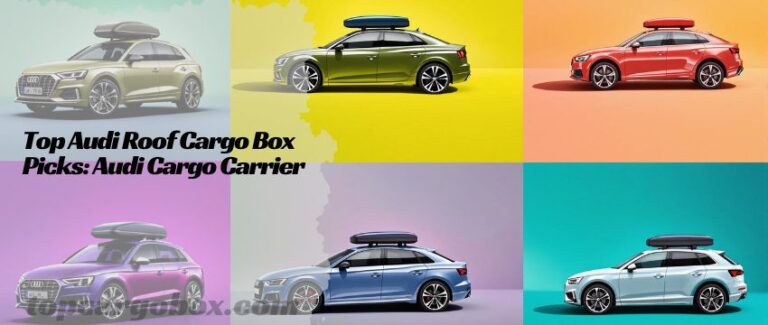Infographic comparing cargo box dimensions overlayed on an Audi Q5 roof, illustrating sunroof and liftgate clearance considerations.