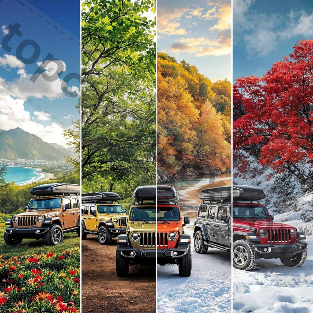A sleek black Thule Motion XT roof cargo box mounted on a Jeep Wrangler, showcasing its aerodynamic design for highway and off-road adventures.