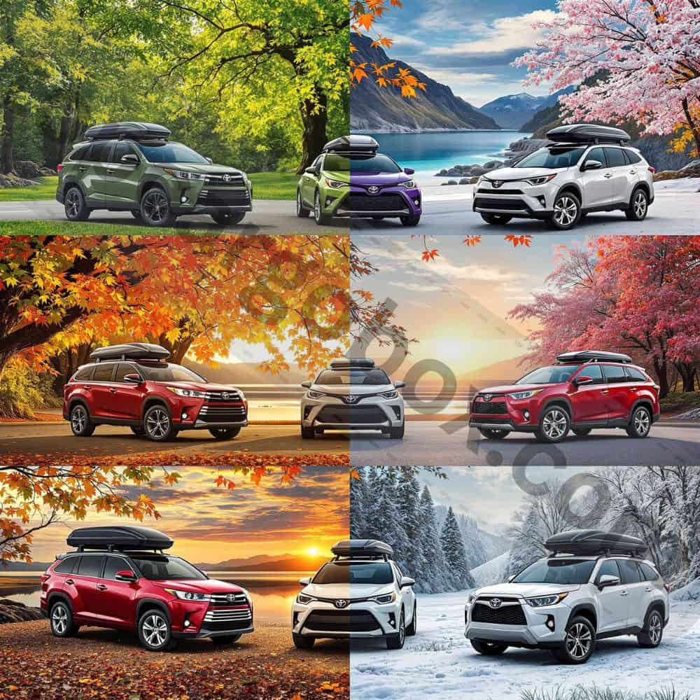Aerodynamic roof cargo boxes mounted on various Toyota models including a RAV4, Highlander, and Tacoma for increased storage capacity.