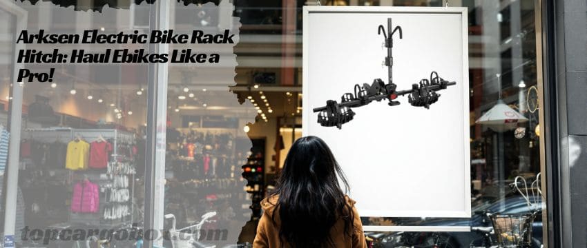 Two heavy-duty electric bikes with fat tires safely strapped onto the Arksen platform rack, highlighting its 170 lb weight capacity and anti-wobble stability.