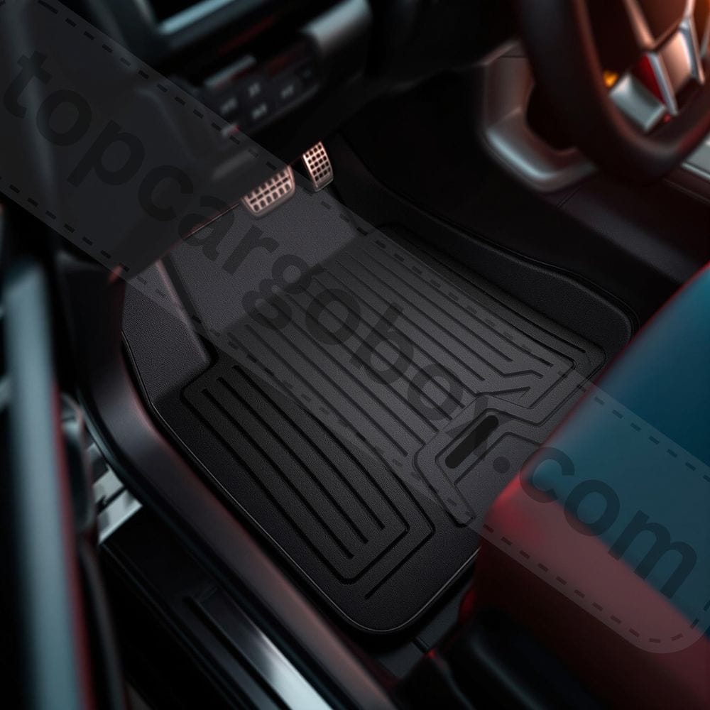 Complete set of durable TPE mats covering driver, passenger, rear seats and cargo area in sleek black design