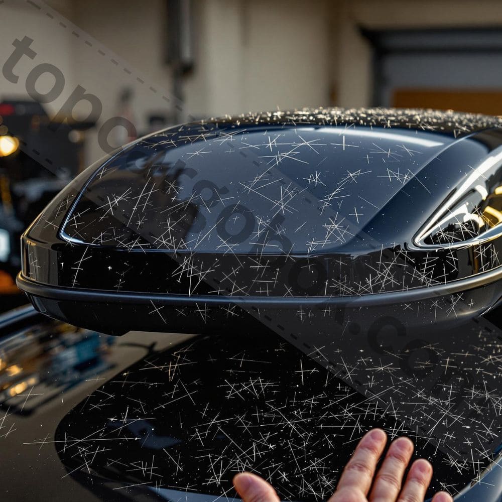 A person performing the fingernail test on a roof box scratch, checking if it’s a surface mark or a deeper gouge.