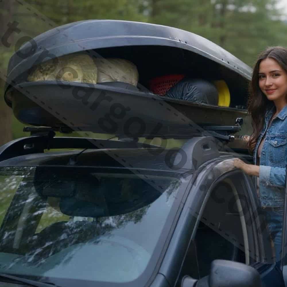 A car with a roof cargo box driving smoothly on a highway, showcasing proper weight distribution.

