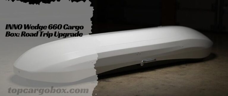 Gloss white INNO Wedge 660 cargo box mounted on an SUV’s roof rack, showcasing its sleek, aerodynamic design.
