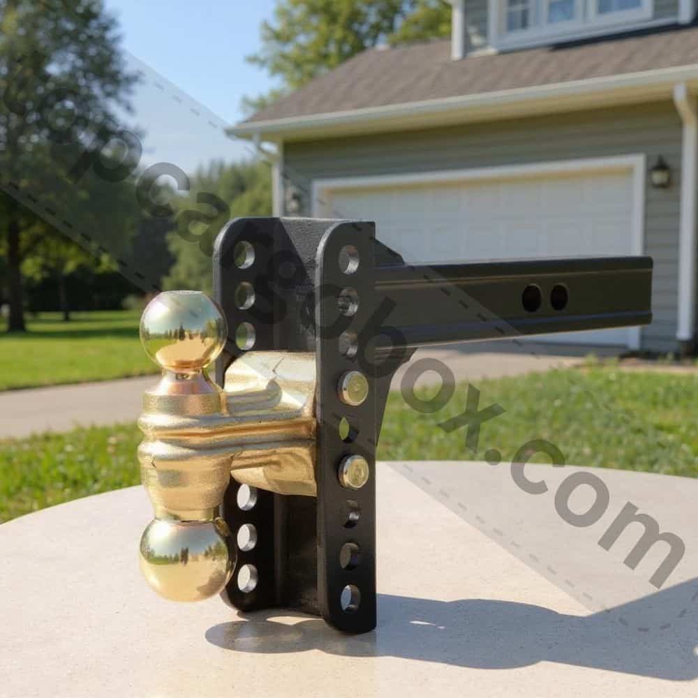 Side-by-side comparison showing the PSAUTO's rugged steel channel shank (left) vs CURT's flip-style design (right), highlighting their different adjustment mechanisms.
