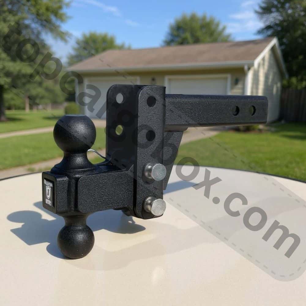 Close-up detail shot of PSAUTO's three thick anti-rattle pads filling the receiver gap, compared to CURT's single set screw anti-rattle solution.
