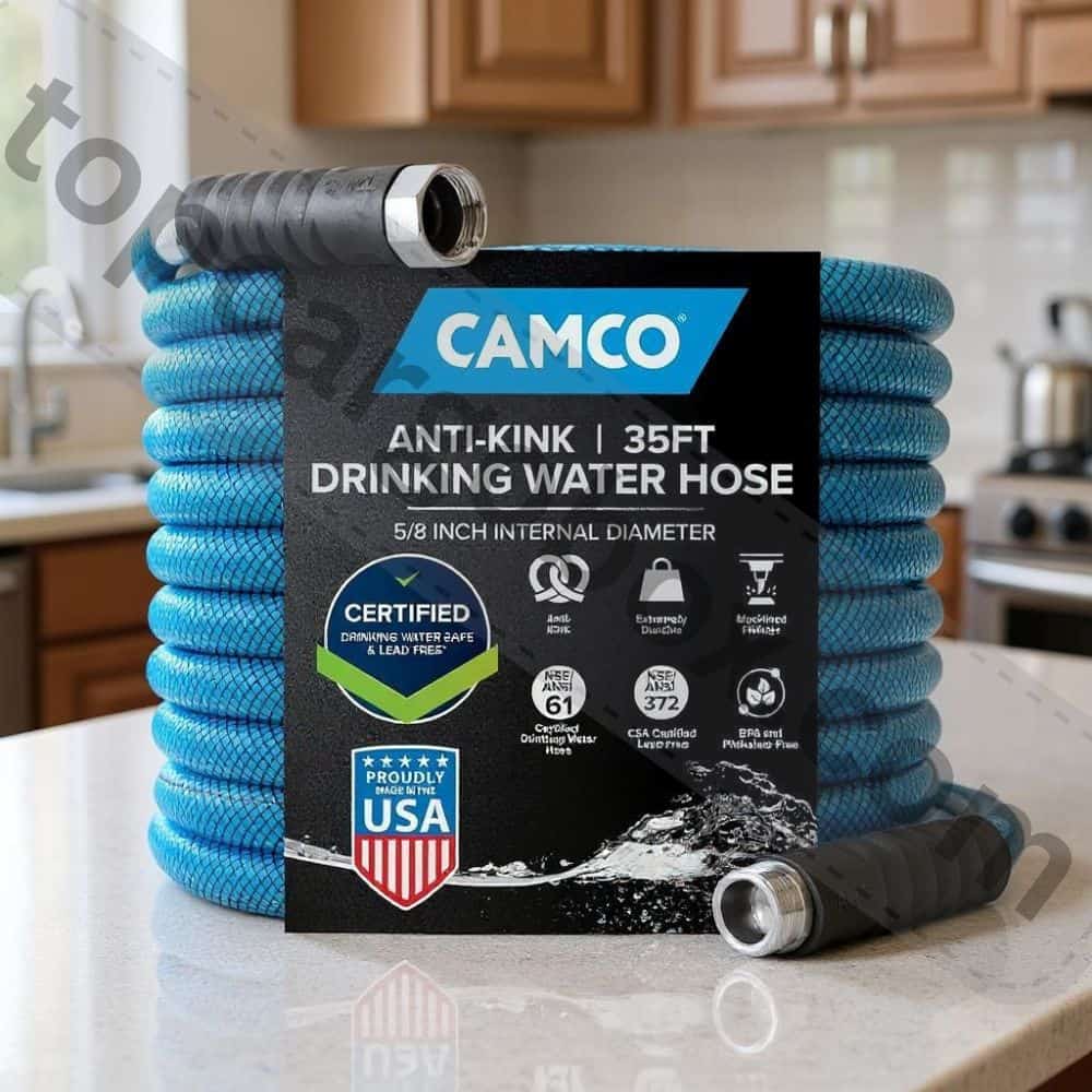 A high-quality rubber hose coils neatly on a wooden deck, demonstrating proper storage.
