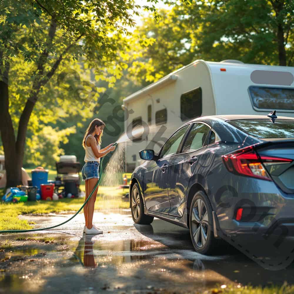A gardener effortlessly watering plants with a lightweight polymer hose, no kinks in sight.
