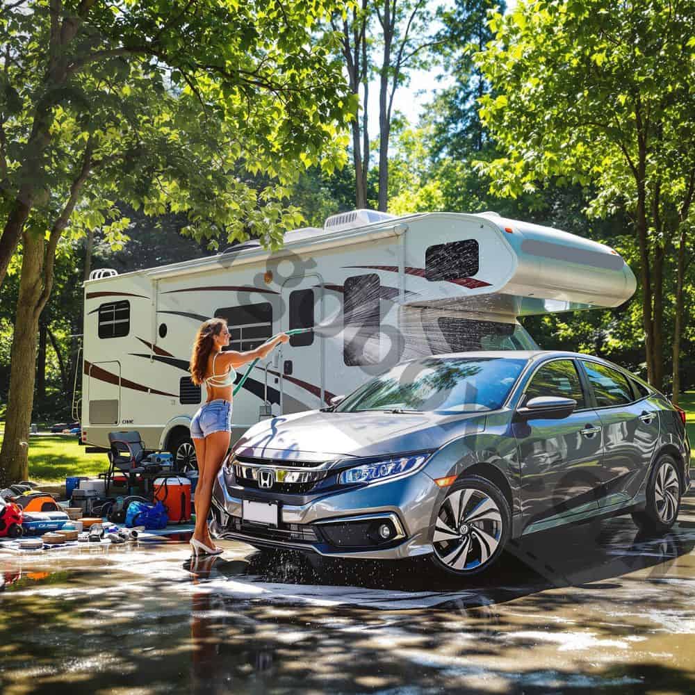 A heavy-duty rubber hose stretched across a large yard, durable enough for tough jobs.
