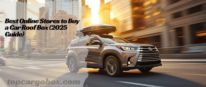 A family loading luggage into a sleek black roof box on their SUV, smiling as they prepare for a road trip.