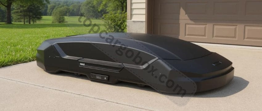 A sleek Thule Motion 3 L mounted on a Tesla Model Y, showcasing its low-profile, aerodynamic design.