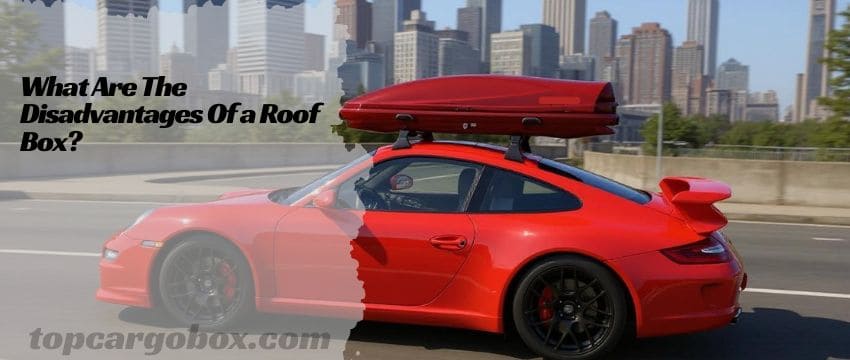 A sleek roof box mounted on a car's roof rack, showcasing how it adds extra storage space but increases height and wind resistance.