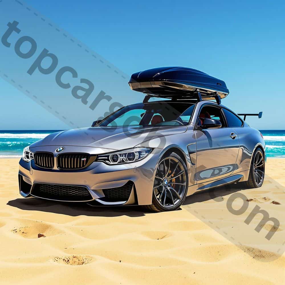 A roof box loaded with skis and snowboards, perfect for winter sports enthusiasts.
