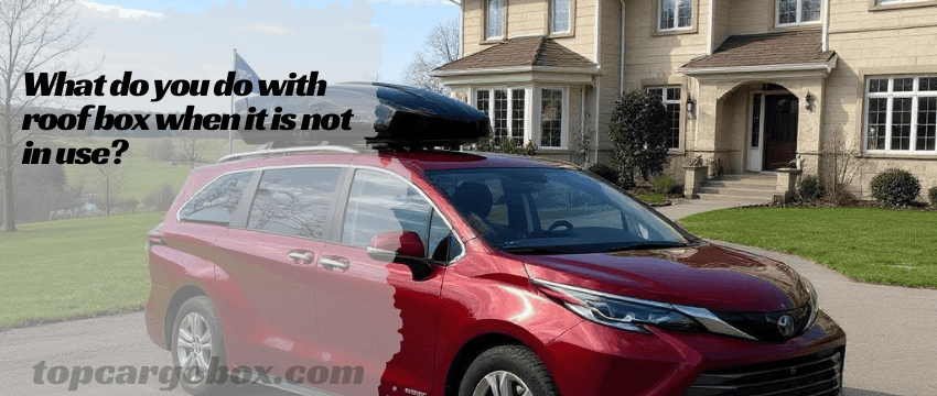 A car roof box stored vertically on wall-mounted brackets in a garage, showcasing space-saving storage solutions when not in use.