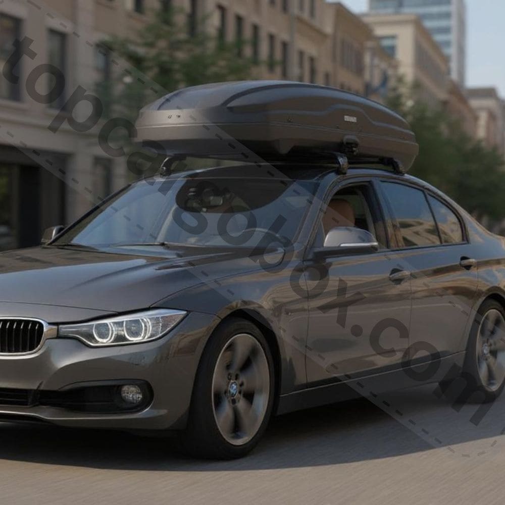 "Visual demonstrating proper weight distribution in a rooftop cargo box for safe travel"