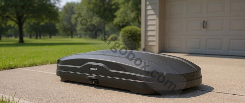 "Yakima SkyBox NX 18 in glossy black installed on vehicle roof racks with camping gear"