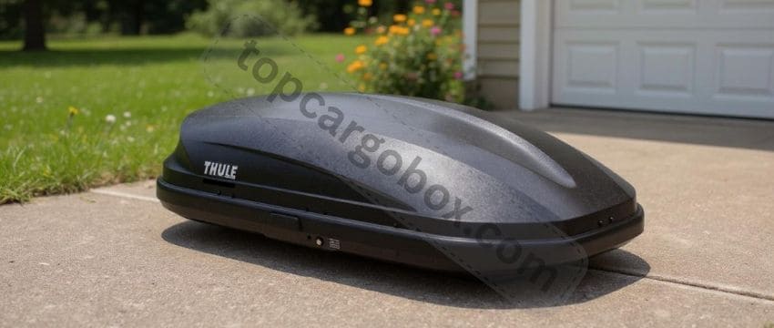 "A sleek black Thule Pulse rooftop cargo box mounted on a car, showcasing its low-profile design and matte finish for adventure travel."
