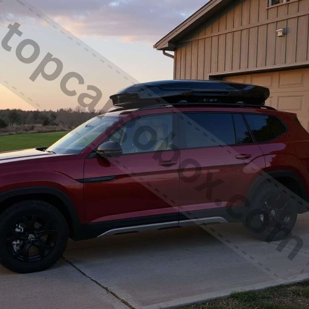 dark red Honda SUV with black glossy Thule motion 3 roof box 