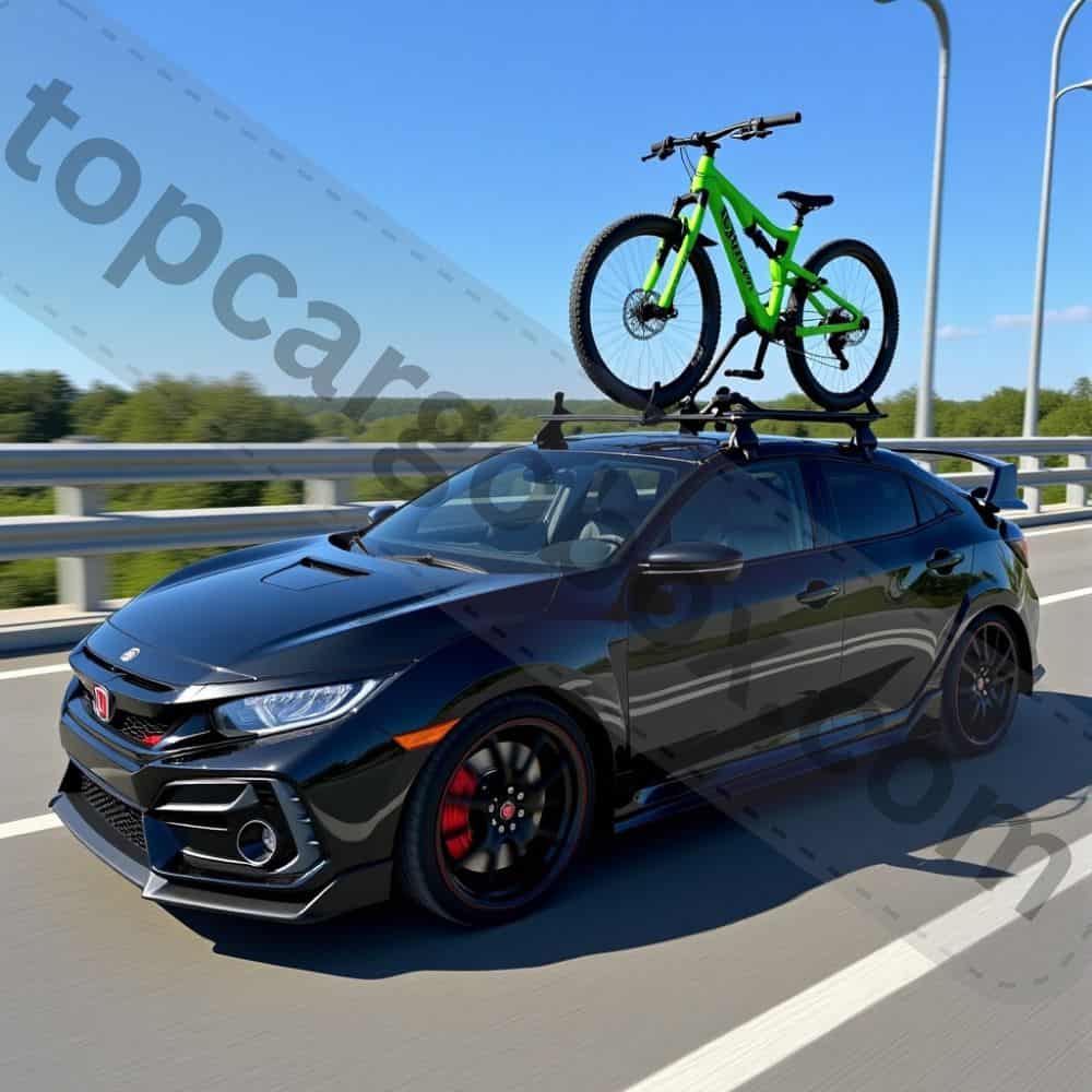 ProRide XT's wheel tray and diagonal straps stabilizing both wheels of a hybrid bike during transport.