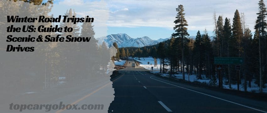 "A winding mountain road blanketed in fresh snow, with towering pine trees lining the route under a bright blue sky."