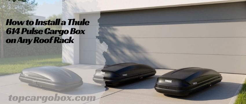 A sleek black Thule 614 Pulse cargo box mounted securely on a car's roof rack, positioned slightly behind the windshield for optimal aerodynamics.
