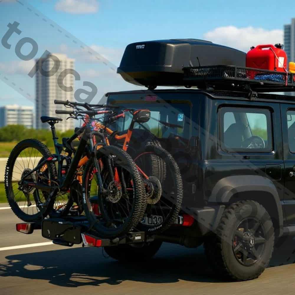 A loaded hitch bike rack blocks the vehicle's tail lights, brake lights, and license plate, creating a safety and legal hazard.
