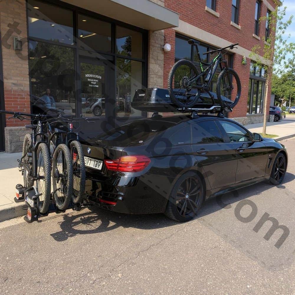 The bikes are firmly fastened to the platform-style rack, which features robust arms and integrated locks for security. 