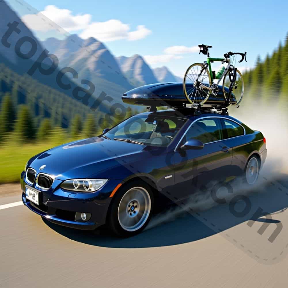 a black sedan with rooftop bike rack and a hardshell rooftop cargo carrier
