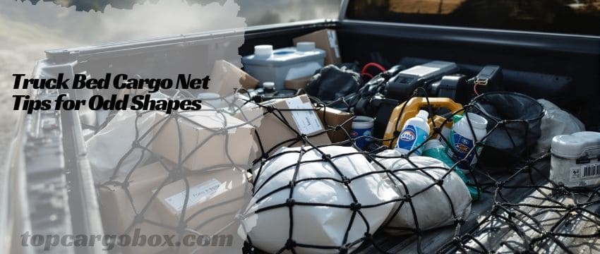 A person looking frustrated at a truck bed filled with a chaotic mix of oddly shaped items like lumber, a rolled-up rug, and potted plants.