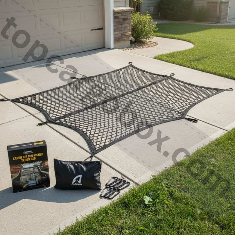 A hand stretching a black nylon cargo net, demonstrating its flexibility from a compact to an expanded size.