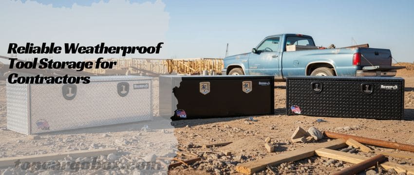 A close-up shot of a high-quality, powder-coated steel tool box with a robust stainless steel compression latch and a thick, black weather seal.